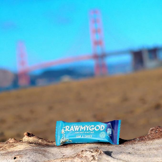 RAWMYGOD Fruit and Nut Bars, Good Source of Protein (10g, 25% protein content), Gluten Free, Vegan, No Added Sugar (16 bars, Chia & Choco)