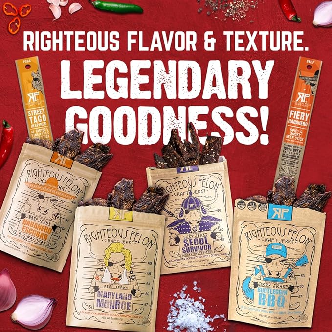 Righteous Felon Beef Jerky & Meat Sticks Variety Pack | Gluten Free Beef Jerky Snack Pack | High Protein, Keto, Low Sugar | Made with Premium Meats | Valentines Day Gifts for Men | Spicy Jerky 6 Pack