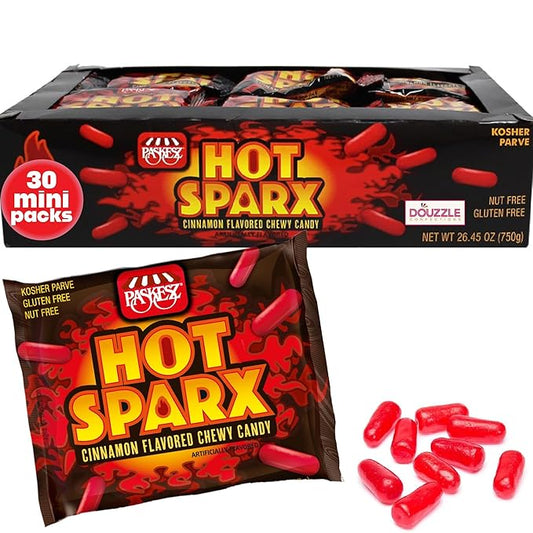 DOUzzle Valentines Day Sweet Treats, Hot Sparx Red Cinnamon Candy Sticks, Chewy Candies, Mini Packs (30 Count, 1 Pack) Individually Wrapped, Party Favor - Kosher