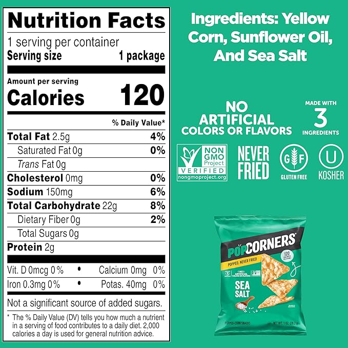PopCorners Popped Corn Snacks, Sea Salt, 1 Ounce (Contains 20 Packets) (Packaging May Vary), Gluten Free