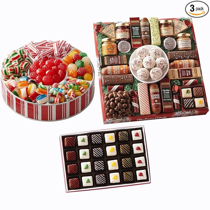 The Swiss Colony 27 Favorites Food Gift Box - Assorted Cheeses, Summer Sausage Meats with Christmas Petits Fours Gourmet Mini Layer Cakes Pack of 24 with Traditional Old Fashioned Hard Candy