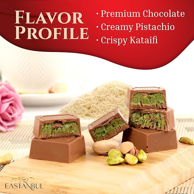 Eastanbul Dubai Chocolate Bar Pistachio, 11.3oz, Premium Pistachio Dubai Chocolate Bar, 16 Pieces Bites with Shredded Phyllo Dough, Knafeh, Viral Candy, Valentines Day Gift