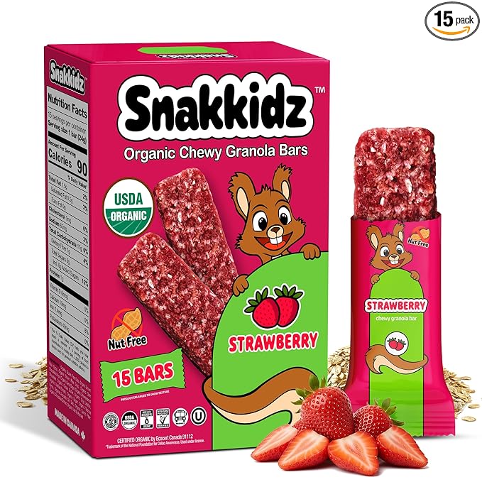 Snakkidz Organic Chewy Granola Bars for Kids, Allergen-Free, Nut-Free, Gluten-Free, Low Sugar Snack Bars Made with Avocado Oil, Individually Wrapped, School Lunch Snacks, Bulk Pack of 15, Strawberry