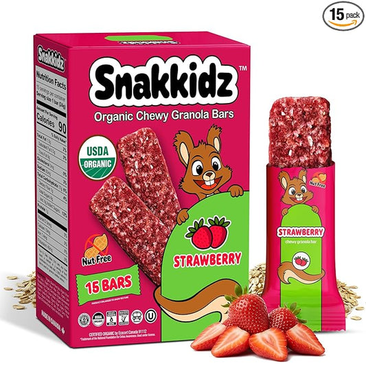 Snakkidz Organic Chewy Granola Bars for Kids, Allergen-Free, Nut-Free, Gluten-Free, Low Sugar Snack Bars Made with Avocado Oil, Individually Wrapped, School Lunch Snacks, Bulk Pack of 15, Strawberry