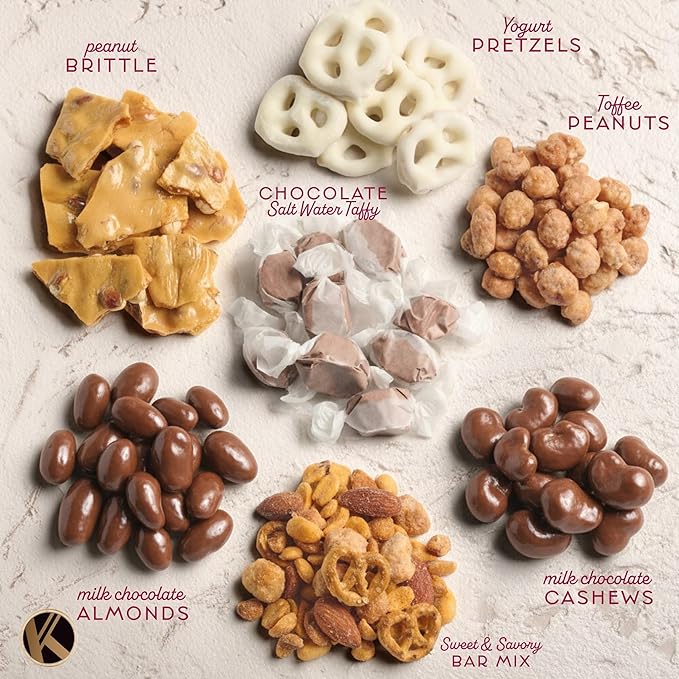 KREMERY Creamy Chocolate Cravings - Valentines Day Chocolate Covered Pretzels & Nuts Gift Basket, in Reusable Round Wooden Tray + Ribbon (7 Assortments) Sweet Treats, Kosher