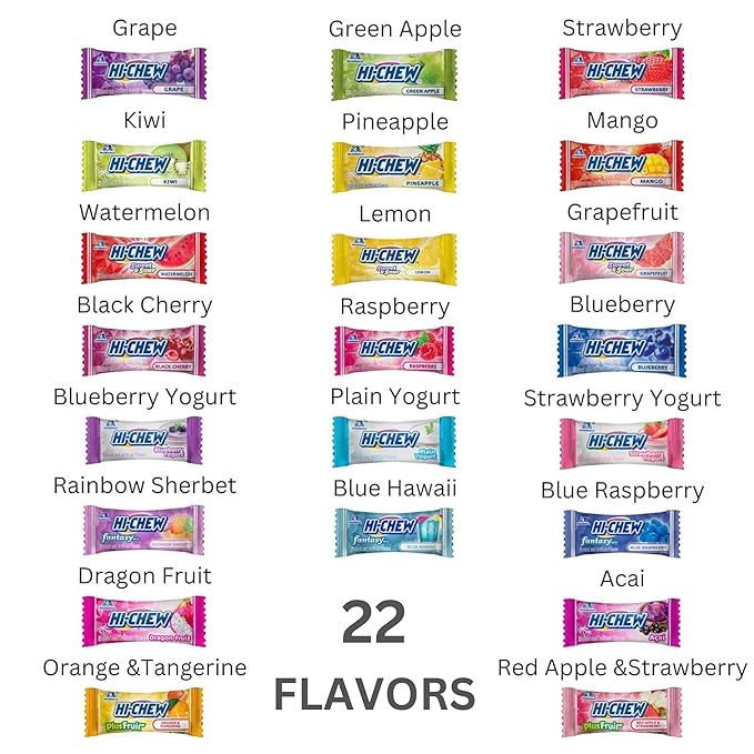 HI-CHEW Variety Mix, Pack of 8 Bags - 22 Flavors Including Yogurt Mix - Unique Fun Soft & Chewy Candy - Immensely Juicy Fruity Candy Flavors - Individually Wrapped for Sharing