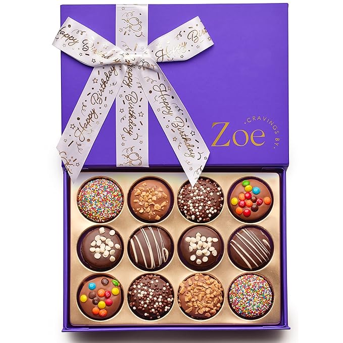 CRAVINGS BY ZOE Gourmet Chocolate Covered Cookie Gift Box | 12 Count | Kosher Gourmet Belgian Chocolate Treats Food Gift Basket | Birthday Gifts for Women & Men Mom Dad Husband Wife Kids