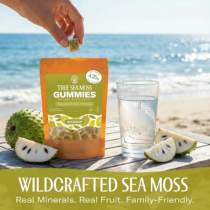 True Sea Moss Gummies – High Potency 4250mg Wildcrafted Irish Sea Moss Gel Extract per Serving + Soursop Flavor – Made with Coconut Sugar & Fruit Purée – 30 Gummies (30 Servings)
