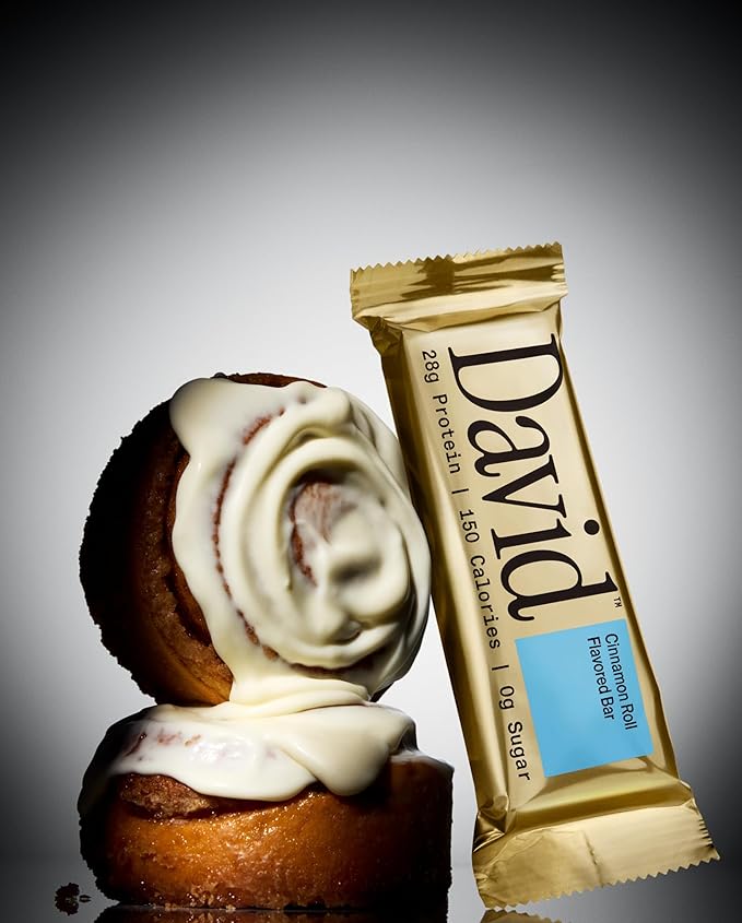 David Protein Bar, Cinnamon Roll, 24 Protein Bars | 28g of Protein | 150 Calories | 0g of Sugar - High Protein, Low Carb, Gluten Free Protein Bar, Pack of 24