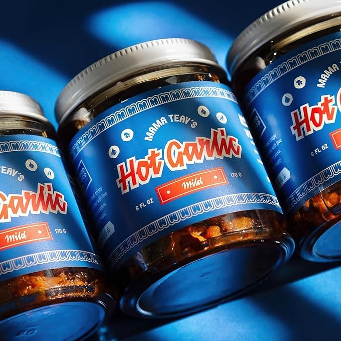 Mama Teav's Mild Garlic Chili Crisp - Mild, Crunchy, Umami Chili Oil with Garlic & Cambodian Chilis - Vegan, Gluten-Free, All-Natural - Cold-Pressed Grapeseed Oil - 6oz Jar