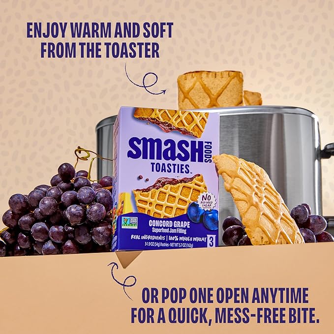Smash Foods Toasties Variety 3 Pack – Healthy Whole Wheat Toaster Pastries Strawberry, Blueberry, Grape – No Refined Sugar, Real Fruit Filling – 9 Pastries Total – Non-GMO, Simple Real Ingredients (Grape)