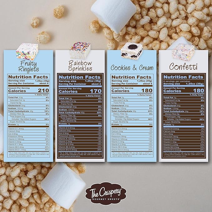 The Crispery Crispycakes – Jumbo Size Pack of 12 Individually Wrapped Assorted Flavor Gourmet Marshmallow Rice Crispycakes, always soft and gooey, packed with fresh ingredients. Made in the USA.