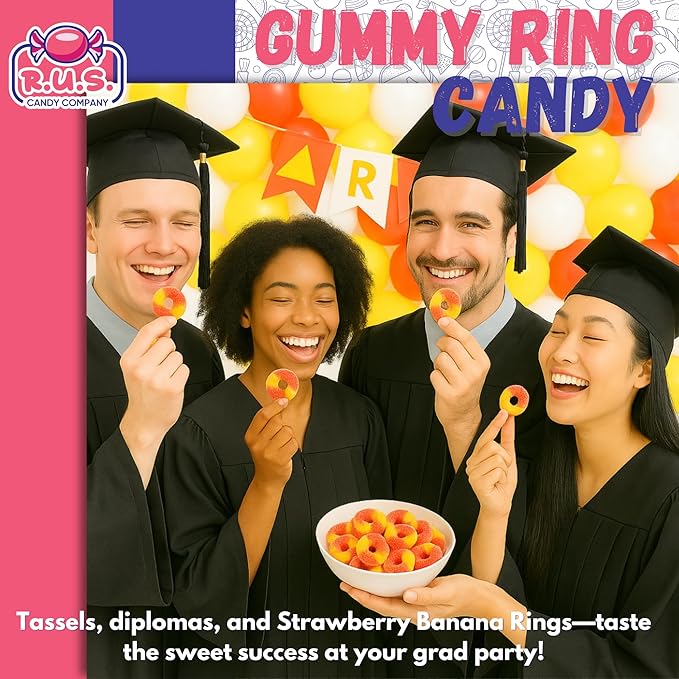 Strawberry Banana Ring Gummies 4.5 lbs Bulk Bag – 292 Approx Pcs Fruity Gummies – Fresh, Soft & Chewy – Party, Snack, Candy Buffet – by RUS Candy Company (Strawberry Banana)