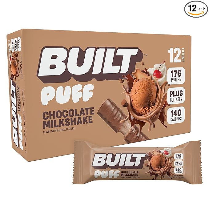 Built Bar Puff Protein Bars, Chocolate Milkshake, Collagen, On-the-go Snacks, Gluten Free, 12 Pack