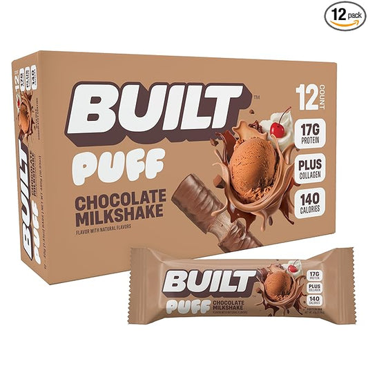 Built Bar Puff Protein Bars, Chocolate Milkshake, Collagen, On-the-go Snacks, Gluten Free, 12 Pack
