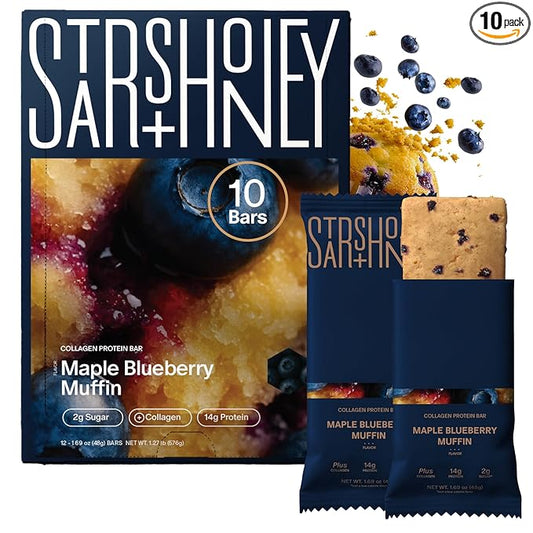 Stars + Honey Protein Bars - Maple Blueberry Muffin,14g Protein, 2g Sugar, w/Collagen Keto Friendly Snack - Gluten, Dairy, Seed Oil, & Soy Free - High-Protein Snacks for Energy & Recovery -10 pack