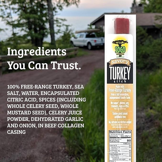Savory Turkey, Sogo Snacks, No Sugar, 100% Free-Range, Non-GMO Turkey Sticks. No Added Nitrates, Gluten, Soy, MSG, Dairy, Nuts. Keto, Paleo Friendly (Turkey Savory, 1-oz, 12 Cnt)