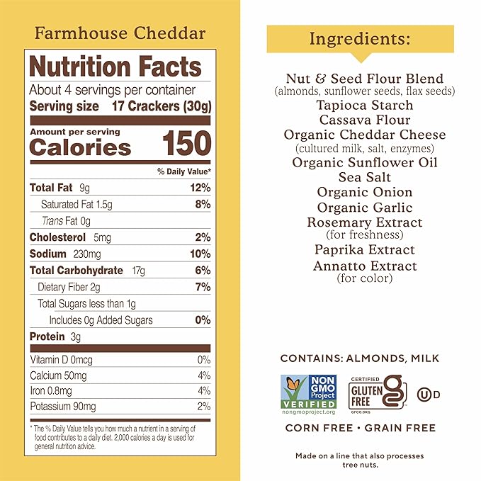 Simple Mills Farmhouse Cheddar Almond Flour Crackers, Gluten Free, Flax Seed, Sunflower Seed, Corn Free, Great for Snacking, Made with Whole Foods, 4.25 Ounce (Pack of 6)