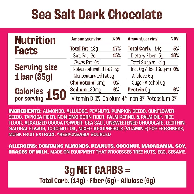 Munk Pack Sea Salt Dark Chocolate Nut & Seed Snack Bars | 5g Protein, 1g Sugar, 3g Net Carbs | Plant-Based, Low Sugar, Non-GMO, Gluten-Free, Snacks | 24 Count (4.92 oz)