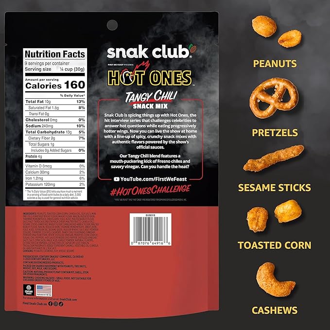 Snak Club x Hot Ones Tangy Chili Snack Mix, Mild Spicy Snacks with Peanuts, Pretzels, Sesame Sticks, Toasted Corn & Cashews, Inspired by Hot Ones Hot Sauce, 10 oz Bag