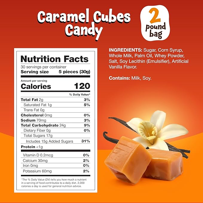 Caramel Cubes Candy - 2 Pound Bulk Pack (About 135 Count) - Classic Creamy Squares - Individually Wrapped