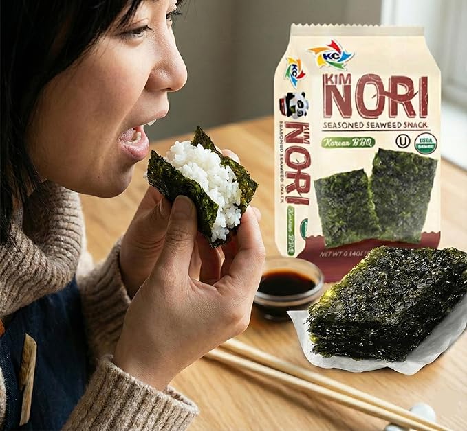 KIMNORI Seasoned Seaweed Snacks Sheets – Organic Korean BBQ Flavor 24 Individual Packs, Roasted Crispy Premium, 100% Natural Laver, Kim Nori 4g 0.14 Ounce