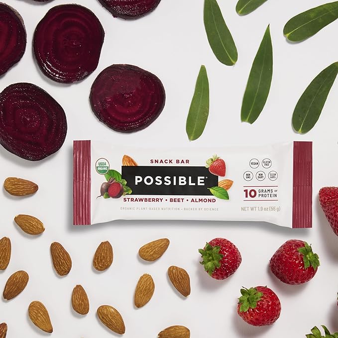 POSSIBLE Snack Bar - Organic Energy Bars with 10g of Plant-Based Protein - Vegan, Gluten-Free, Non-Dairy, USDA Organic - Healthy Fats - Clean Label - 1 Box, 12 Servings - Strawberry Beet Almond