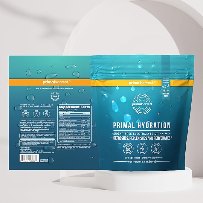 Primal Harvest Electrolytes Powder Packets Primal Hydration, Easy Open Packets, Energy Drink Mix (Lemon Berry, 30 Packs) (1 Bag)