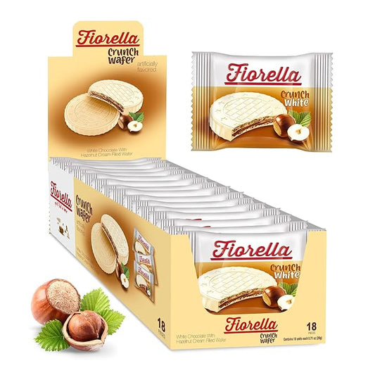 Fiorella Crunch White Chocolate Wafer Cookies, 18 Count, Chocolate Covered Crispy Thin Wafers with Layers of Hazelnut Cream Filling, Individually Wrapped Snack Cookies, Bulk Chocolate Candy, 12.69 Oz