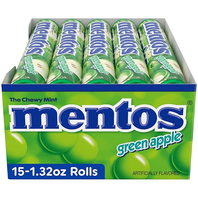 Mentos Chewy Mint Candy Roll, Green Apple Mint Candies, 14 Pieces Per Roll, 15 Count Party Pack