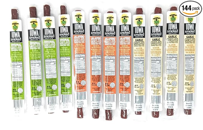 Variety Pack, Iowa Smoked Recipe, No Sugar, Non-GMO, 100% Grass Fed Beef Sticks. No Nitrates, Gluten, Soy, MSG, Dairy, or Nuts. Paleo, Whole30 and Keto Snack (48 Original, 48 Garlic, 48 Jalapeño)
