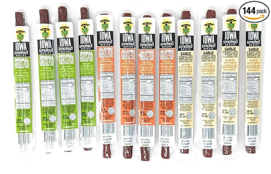 Variety Pack, Iowa Smoked Recipe, No Sugar, Non-GMO, 100% Grass Fed Beef Sticks. No Nitrates, Gluten, Soy, MSG, Dairy, or Nuts. Paleo, Whole30 and Keto Snack (48 Original, 48 Garlic, 48 Jalapeño)