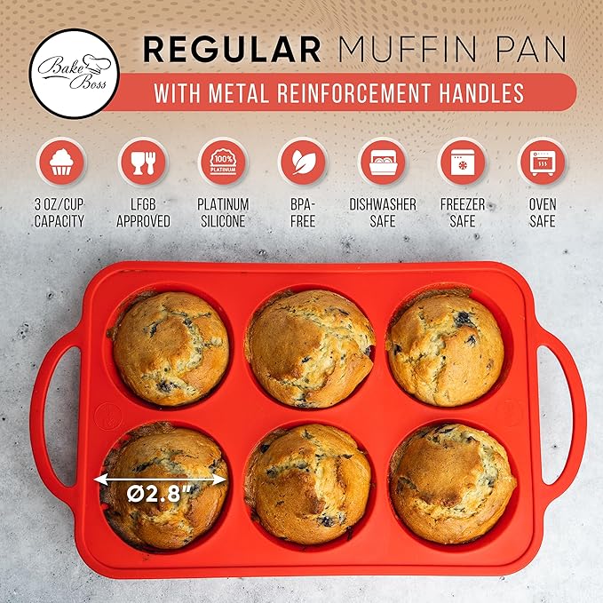 BAKE BOSS Regular Size 6 Cup Muffin Pan – Silicone Muffin Pans for Baking with Metal Handles – Nonstick Silicone Cupcake Pan, Easy-Release, BPA-Free Muffin Tray, Oven & Dishwasher Safe – Red