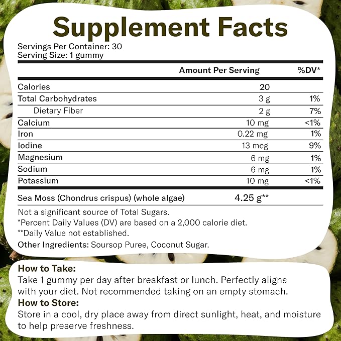 True Sea Moss Gummies – High Potency 4250mg Wildcrafted Irish Sea Moss Gel Extract per Serving + Soursop Flavor – Made with Coconut Sugar & Fruit Purée – 30 Gummies (30 Servings)