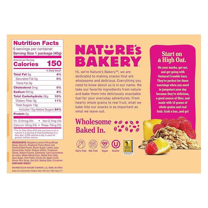 Nature's Bakery Oatmeal Crumble Bars, Raspberry Lemon, Real Fruit, Vegan, Non-GMO, Breakfast Bar, 6 Boxes With 6 Bars, 36 Count