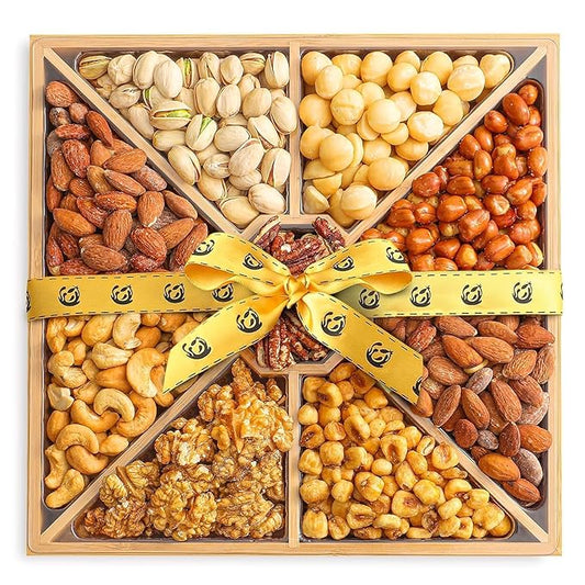 Gourmet Mixed Nuts Gift Basket in Sleek Bamboo Wood Reusable Platter | XL 2 lb Platter Includes 9 Assortments of Premium Nuts, Kosher