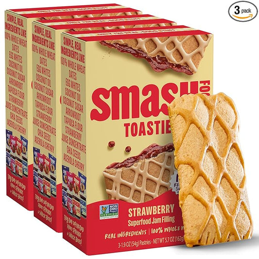Smash Foods Toasties Variety 3 Pack – Healthy Whole Wheat Toaster Pastries Strawberry, Blueberry, Grape – No Refined Sugar, Real Fruit Filling – 9 Pastries Total – Non-GMO, Simple Real Ingredients (Strawberry)