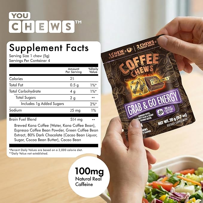 YouChews Coffee Chews - Grab & Go Energy with 100mg per Chew of Clean, Green Caffeine. With Real Organic Ingredients, Low Sugar, Great Bold Taste & Long Lasting Energy Boost (4 Counts)