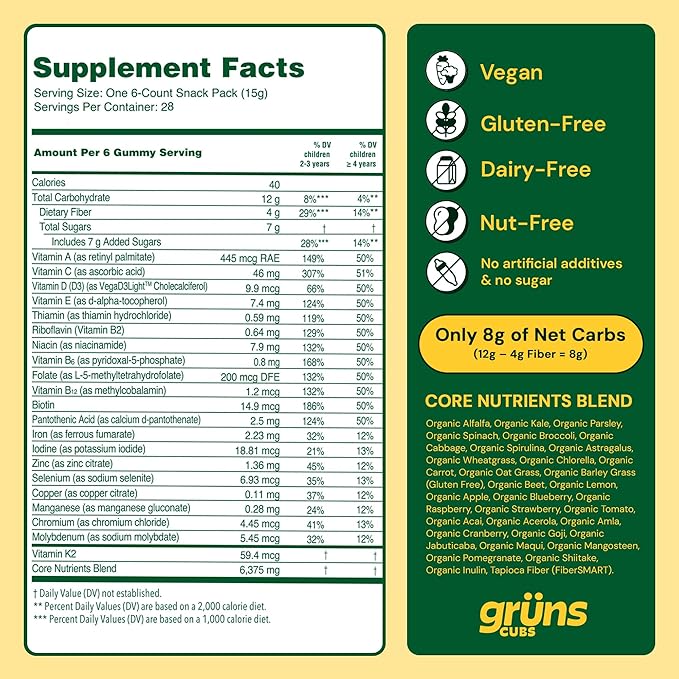 Gruns Multivitamin for Kids, Super Greens Gummies, Superfood Gummy Bears with 20+ Vitamins & Minerals, Spirulina, Chlorella, Alfalfa, Prebiotics Fiber for Digestive Health, Adaptogens Supplement, 28ct