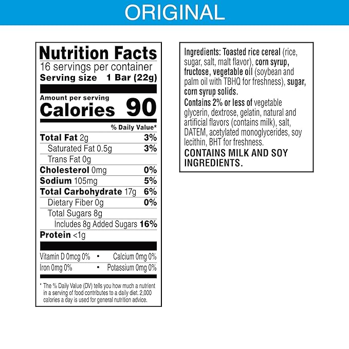 Rice Krispies Treats Crispy Marshmallow Squares, Kids Snacks, Snack Bars, Original, 12.4oz Box (16 Bars) (Pack of 2)
