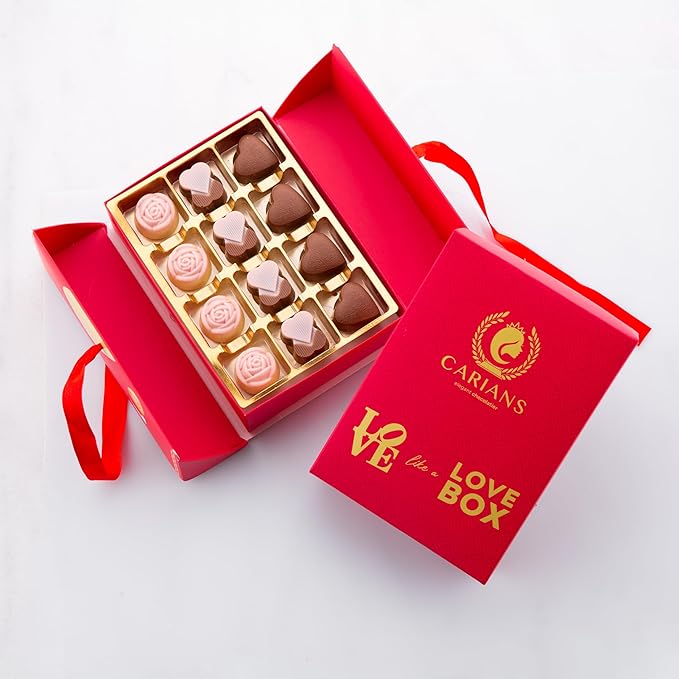 Carian’s Bistro Belgian Chocolate Gift Box of Love, Luxury Milk Chocolates with Strawberry and Hazelnut Cream, Great For Gift Giving, Valentine's Day and Anniversary for Lovers, 12 pc.