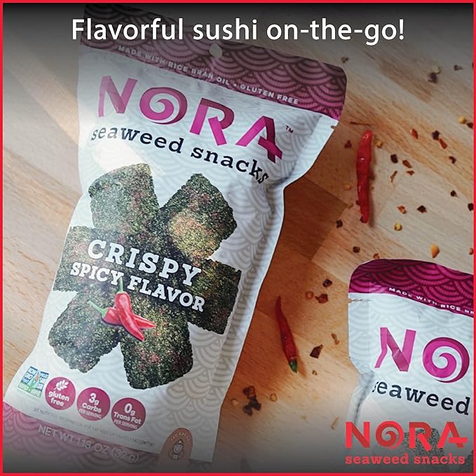 Crispy Spicy Seaweed Snacks by Nora, Thick Nori Sheets Snack Strips, Low-Carb Healthy Snacks for Adults, Asian Snacks, Vegan, Gluten-Free, Non-GMO, 6-Pack