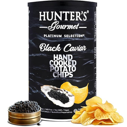 Hunter's Gourmet Cholesterol-Free Chips | No Artificial Colors & Preservatives | Premium Black Caviar | Hand-Cooked | MSG-Free | Special Treats | Gourmet Vegan Chips | Non-GMO | Pack of 1 | 150g