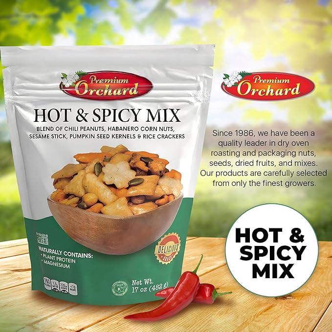 MIXED NUTS Hot & Spicy Mix - Chili Peanuts Habanero Corn Nuts Sesame Sticks Pumpkin Seed Kernels and Rice Crackers Snacks Non GMO Healthy Snacks Nuts - 17 oz