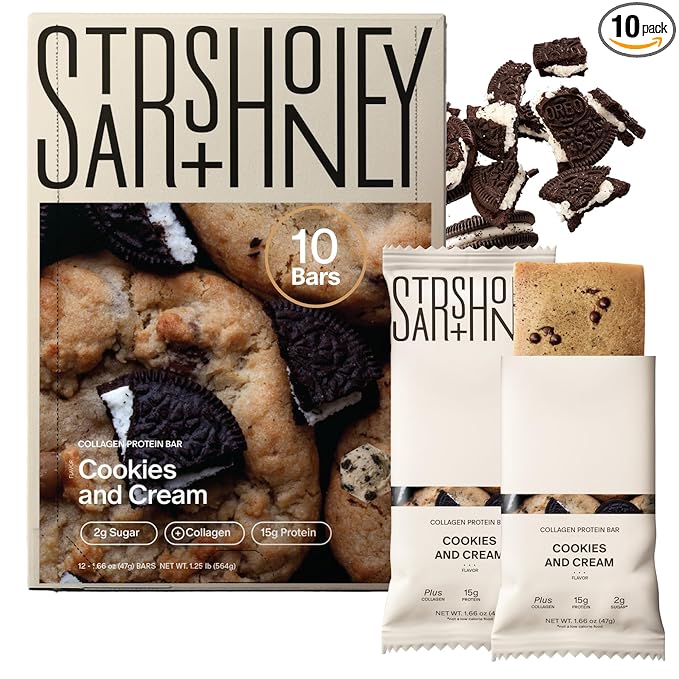 Stars + Honey Protein Bars - Cookies and Cream, 15g Protein, 2g Sugar, w/Collagen Keto Friendly Snack - Gluten, Dairy, Seed Oil, & Soy Free - High-Protein Snacks for Energy & Recovery -10 pack