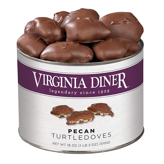Virginia Diner Chocolatey Pecan Turtledoves Candy Clusters with Caramel - Preservative Free Gifts from Virginia Since 1929-18 Oz Can -Dovetails