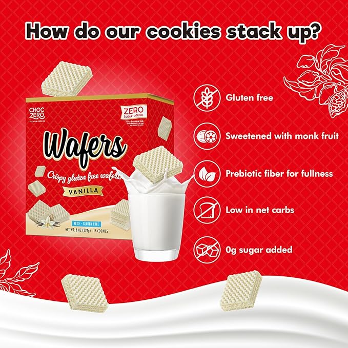 ChocZero Vanilla Wafer Cookies – No Added Sugar, Keto Friendly, Low Carb Cookies with No Sugar Alcohols, Gluten Free & Individually Wrapped – 8 oz Box