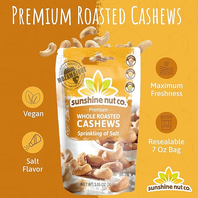 Sunshine Nut Company Whole Roasted Lightly Salted Cashews, Sprinkling of Salt Flavor, 4 Pack, 7 oz. Each, Gluten Free, Peanut Free and Vegan Individual Snack Packs for Kids and Adults, GMO Free