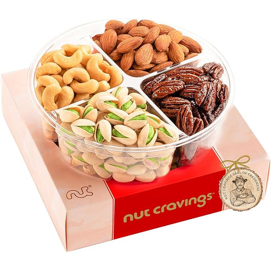 NUT CRAVINGS - Valentines Day Mixed Nuts Gift Basket in Red Gold Box (4 Assortments) Treats for Adults, Food Arrangement, Healthy Snack Care Package, Kosher