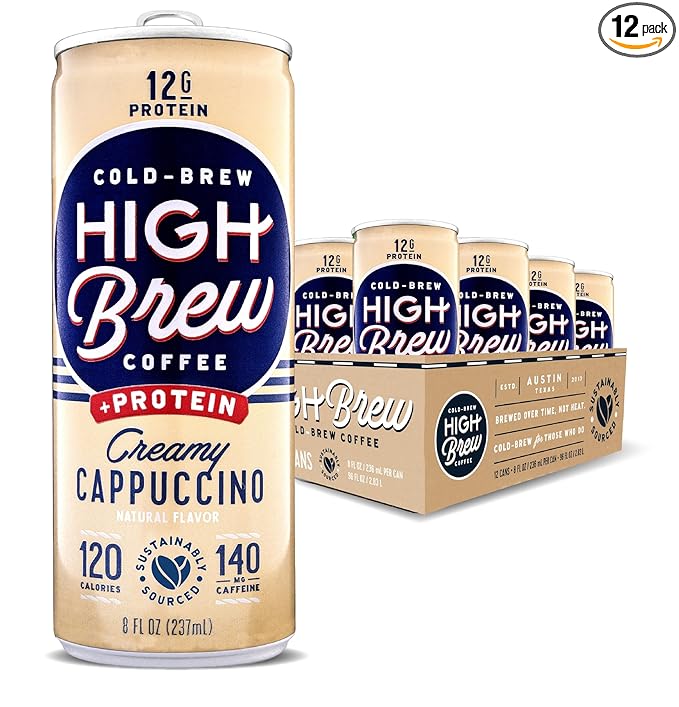 HIGH Brew Coffee Cold Brew Coffee + Protein, Creamy Cappuccino, 8 Oz Can, 12/pack